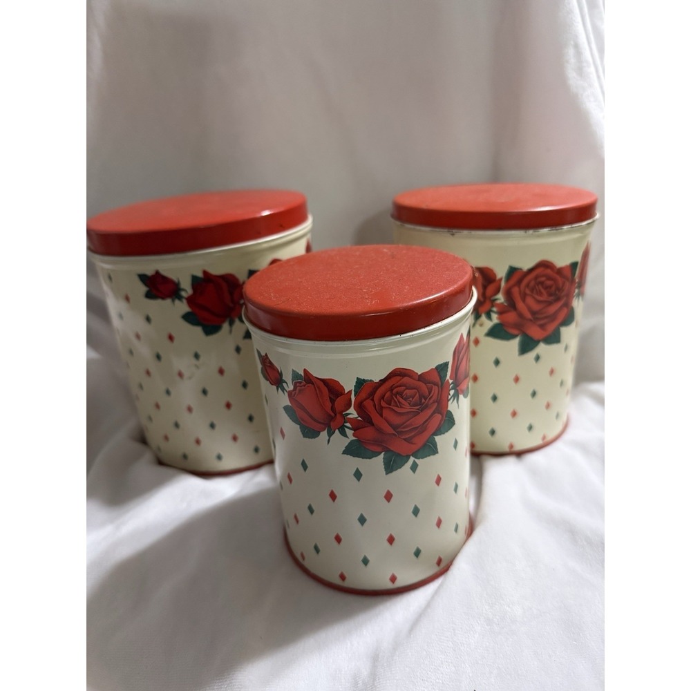 Vintage. NC Colorware Roses and Diamonds Canisters, Set Of 3